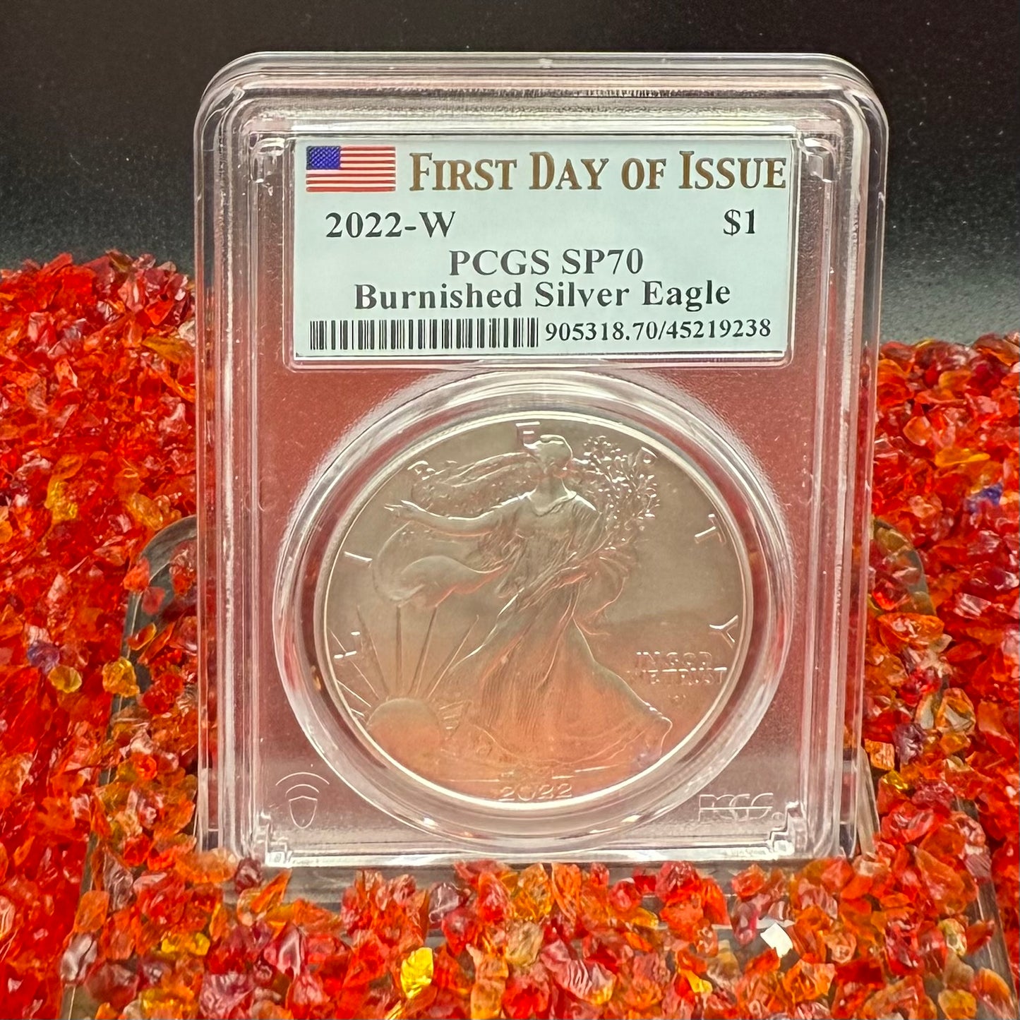 Burnished 2022 (W) $1 American Silver Eagle PCGS SP70 FDOI American Flag Label Rare 1 of 2,030 Mint!
