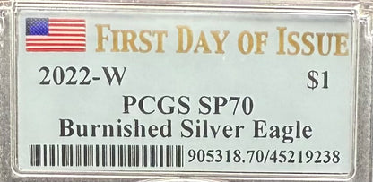 Burnished 2022 (W) $1 American Silver Eagle PCGS SP70 FDOI American Flag Label Rare 1 of 2,030 Mint!