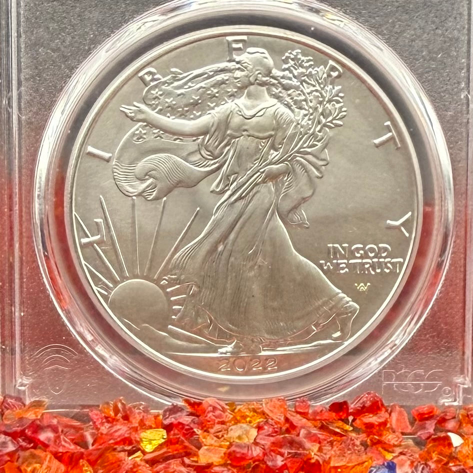 Burnished 2022 (W) $1 American Silver Eagle PCGS SP70 FDOI American Flag Label Rare 1 of 2,030 Mint!