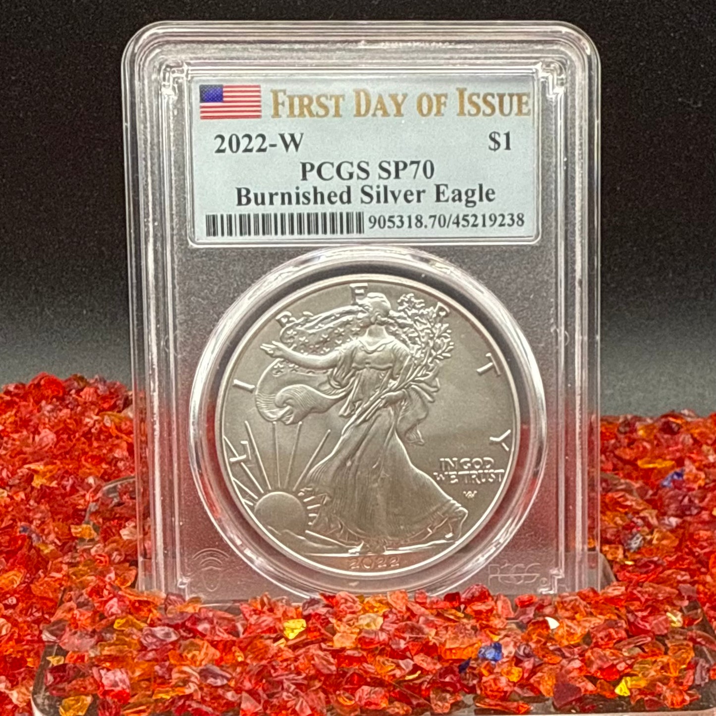 Burnished 2022 (W) $1 American Silver Eagle PCGS SP70 FDOI American Flag Label Rare 1 of 2,030 Mint!