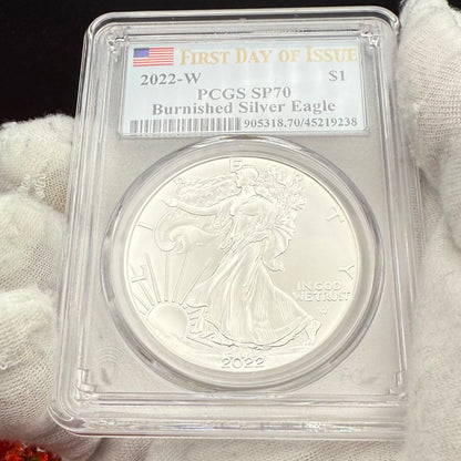Burnished 2022 (W) $1 American Silver Eagle PCGS SP70 FDOI American Flag Label Rare 1 of 2,030 Mint!
