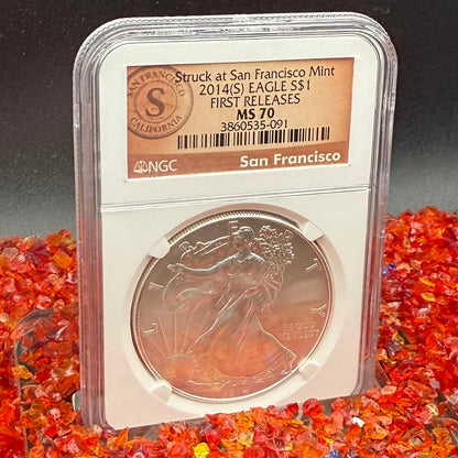 2014 San Francisco $1 American Silver Eagle NGC MS70 First Releases Orange Label Mint Condition