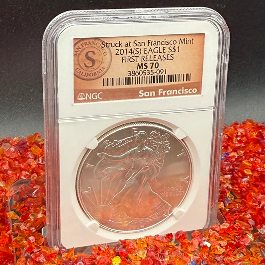 2014 San Francisco $1 American Silver Eagle NGC MS70 First Releases Orange Label Mint Condition