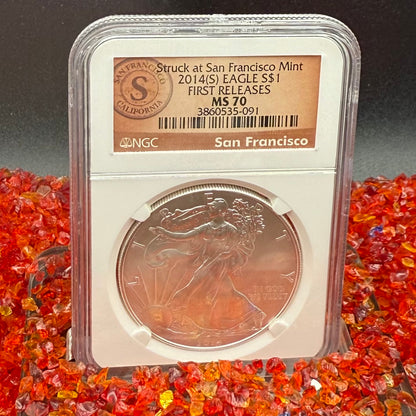 2014 San Francisco $1 American Silver Eagle NGC MS70 First Releases Orange Label Mint Condition