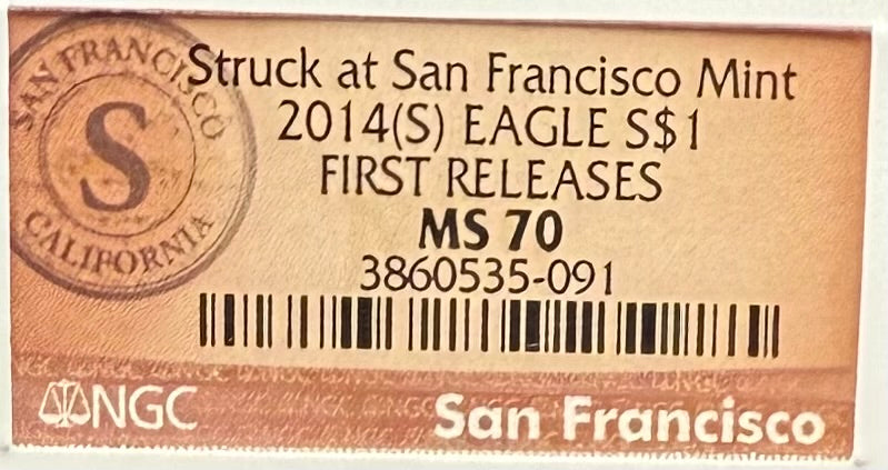 2014 San Francisco $1 American Silver Eagle NGC MS70 First Releases Orange Label Mint Condition