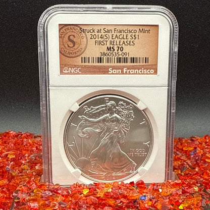 2014 San Francisco $1 American Silver Eagle NGC MS70 First Releases Orange Label Mint Condition