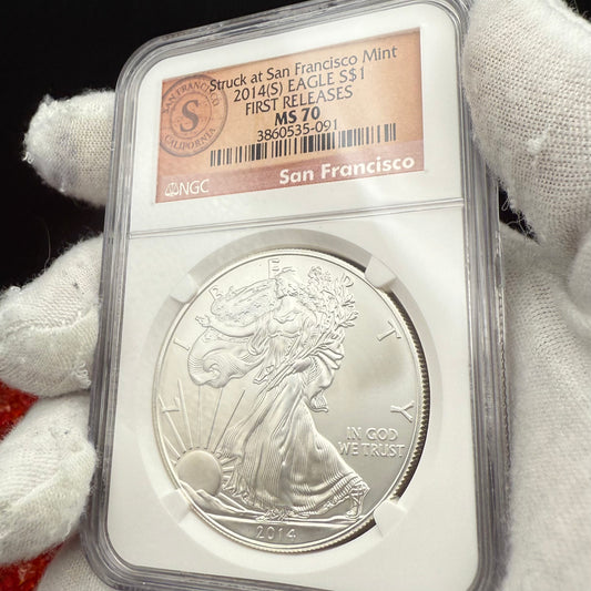 2014 San Francisco $1 American Silver Eagle NGC MS70 First Releases Orange Label Mint Condition