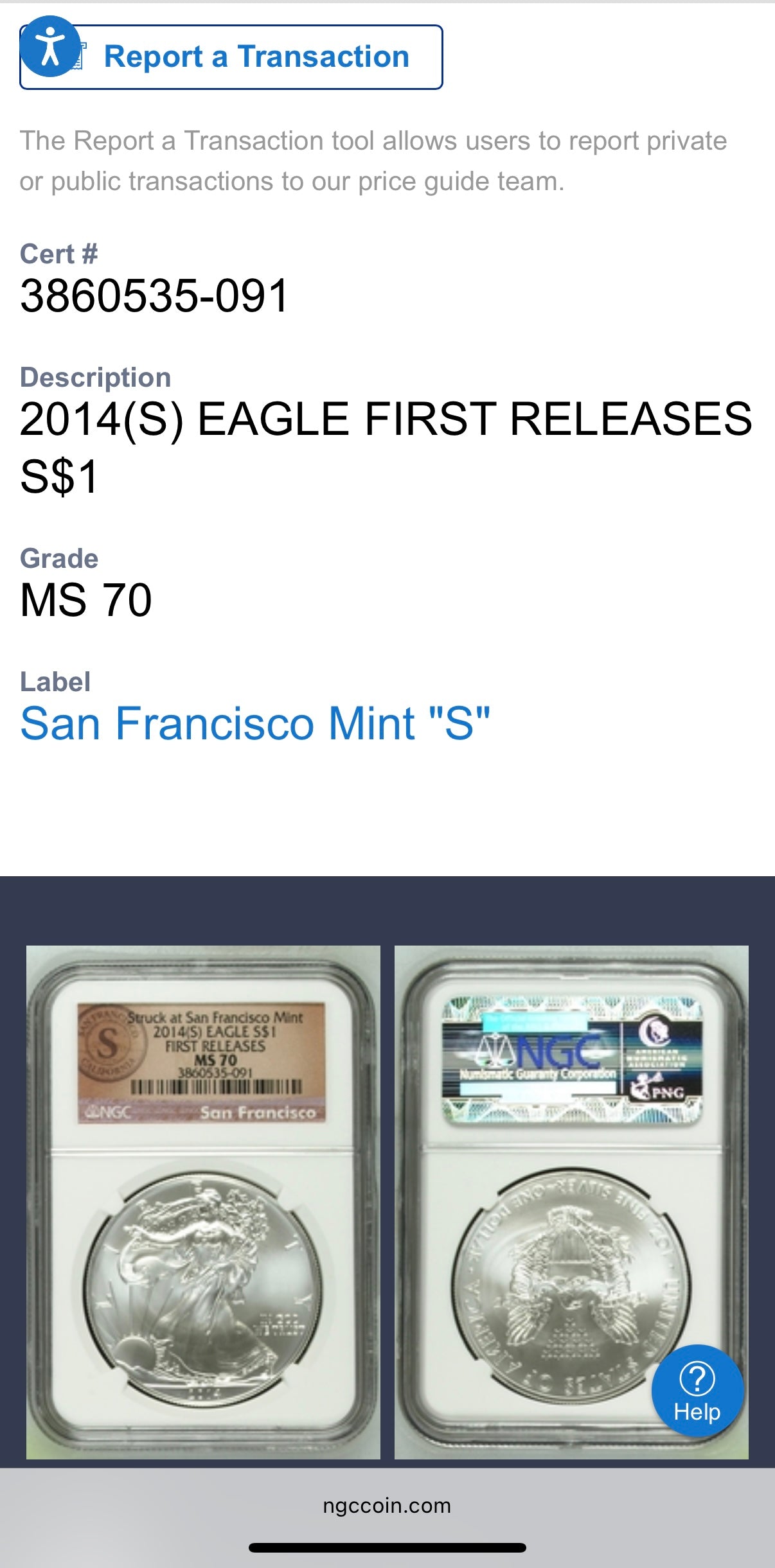2014 San Francisco $1 American Silver Eagle NGC MS70 First Releases Orange Label Mint Condition