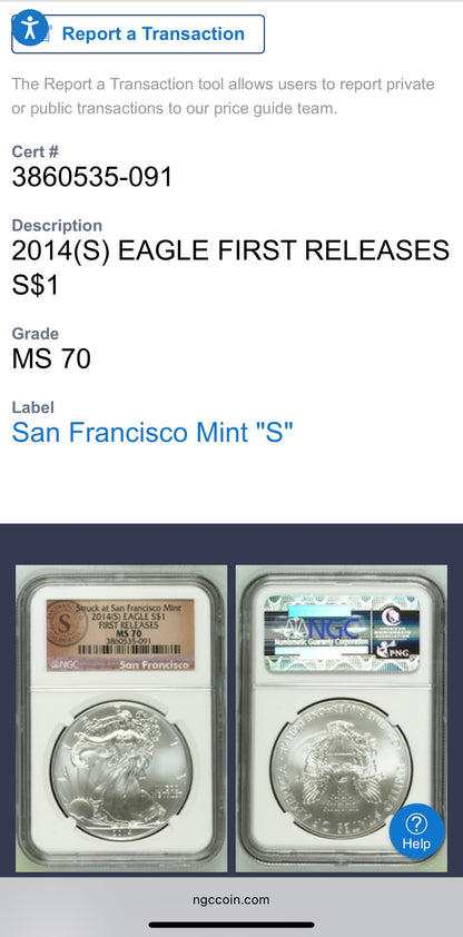 2014 San Francisco $1 American Silver Eagle NGC MS70 First Releases Orange Label Mint Condition