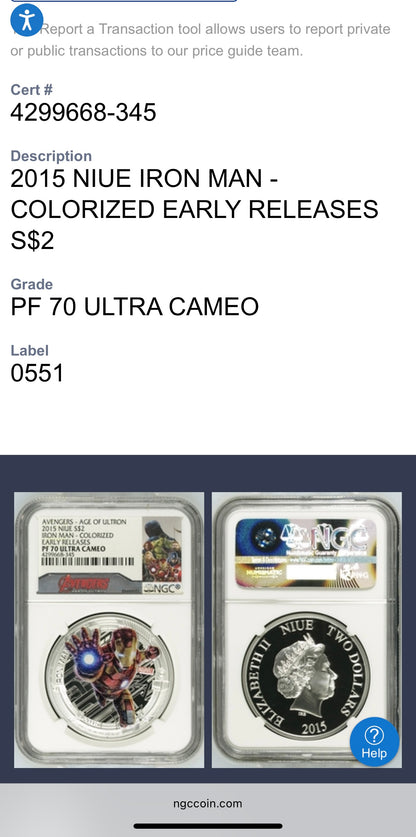 2015 Niue Silver Dollar $2 NGC Early Releases PF70UC Age of Ultron - Iron Man (1 of 220) Mint
