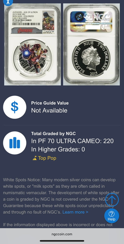 2015 Niue Silver Dollar $2 NGC Early Releases PF70UC Age of Ultron - Iron Man (1 of 220) Mint