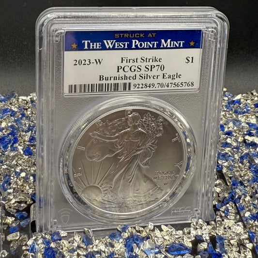 Burnished 2023 (W) $1 American Silver Eagle PCGS SP70 Blue West Point Label - 1 of 2224 Mint!