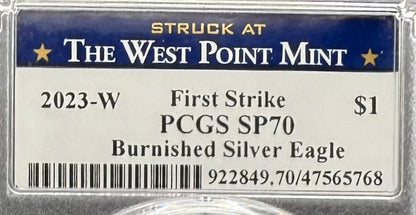 Burnished 2023 (W) $1 American Silver Eagle PCGS SP70 Blue West Point Label - 1 of 2224 Mint!