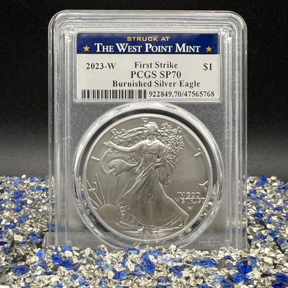 Burnished 2023 (W) $1 American Silver Eagle PCGS SP70 Blue West Point Label - 1 of 2224 Mint!