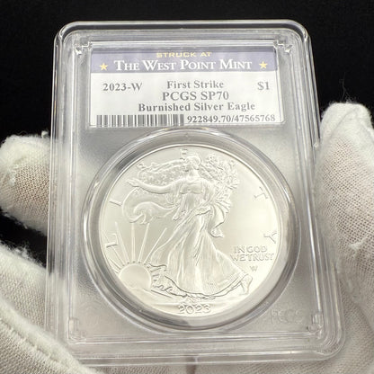 Burnished 2023 (W) $1 American Silver Eagle PCGS SP70 Blue West Point Label - 1 of 2224 Mint!