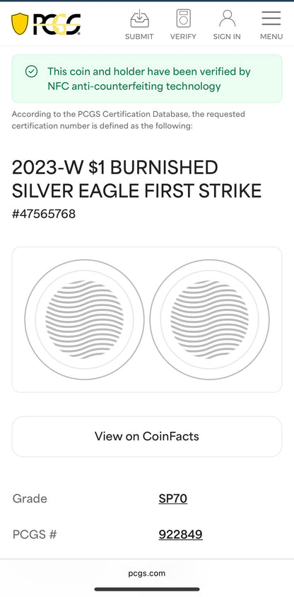 Burnished 2023 (W) $1 American Silver Eagle PCGS SP70 Blue West Point Label - 1 of 2224 Mint!