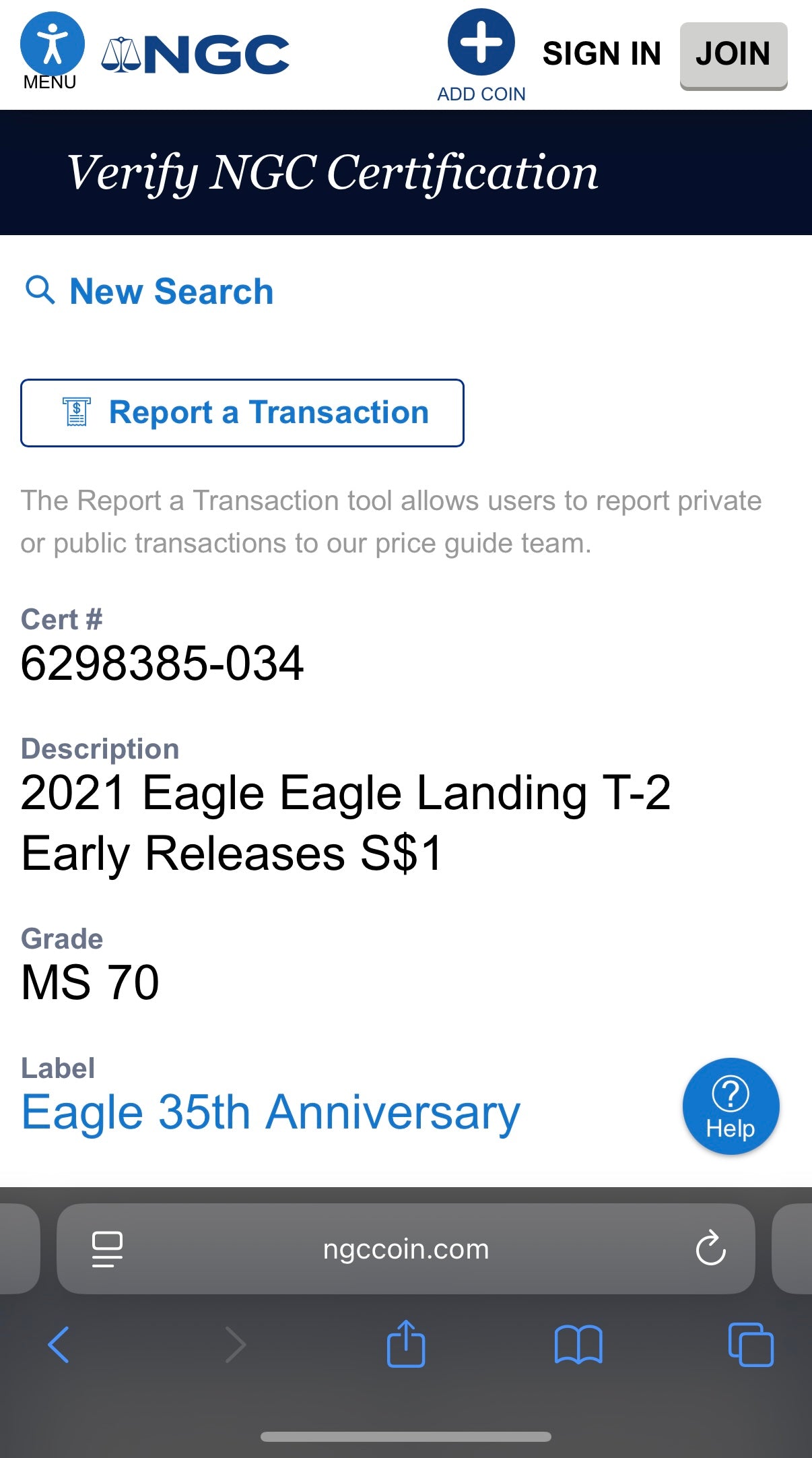 2021 $1 American Silver Eagle NGC MS70 T-2 Early Releases 35th Anniversary Mint Condition