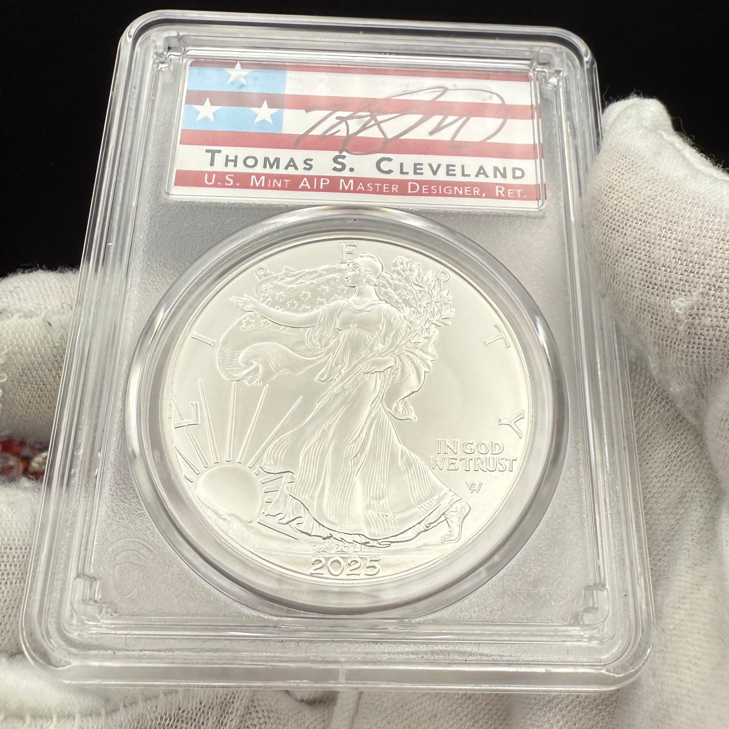 2025 $1 American Silver Eagle PCGS MS70 FDOI Thomas Cleveland Signed Rare Flag Label 1 of 100 Mint