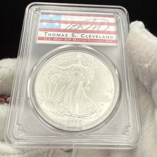 2025 $1 American Silver Eagle PCGS MS70 FDOI Thomas Cleveland Signed Rare Flag Label 1 of 100 Mint