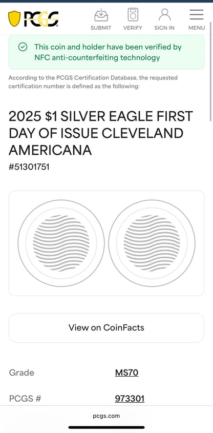 2025 $1 American Silver Eagle PCGS MS70 FDOI Thomas Cleveland Signed Rare Flag Label 1 of 100 Mint