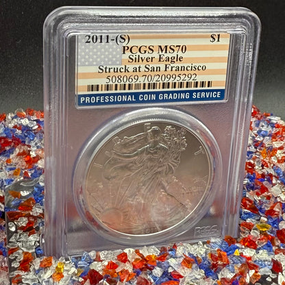 2011 San Francisco $1 American Silver Eagle PCGS MS70 American Flag Label