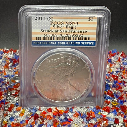 2011 San Francisco $1 American Silver Eagle PCGS MS70 American Flag Label