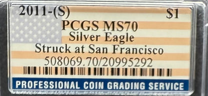 2011 San Francisco $1 American Silver Eagle PCGS MS70 American Flag Label