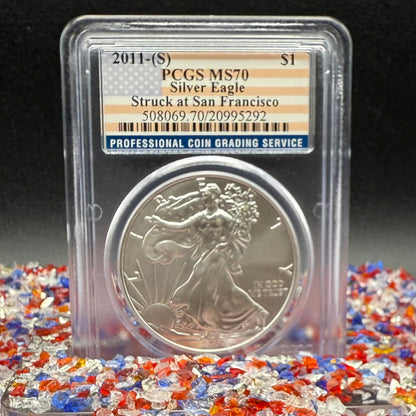 2011 San Francisco $1 American Silver Eagle PCGS MS70 American Flag Label