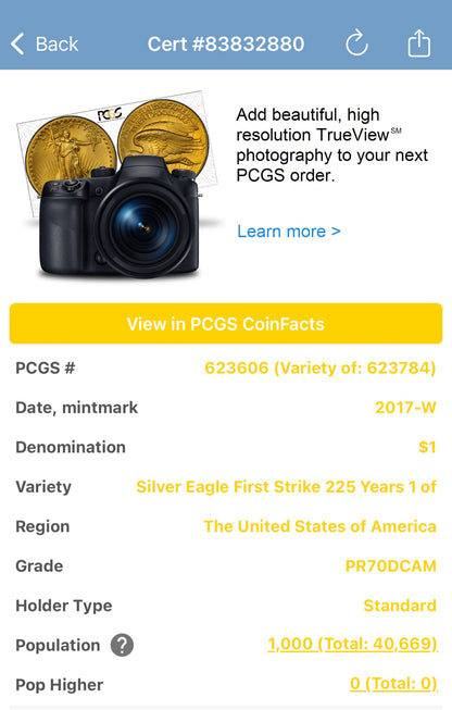 Proof 2017 (W) $1 American Silver Eagle PCGS PR70DCAM West Point 225th Anniversary (Rare 1 of 1000)