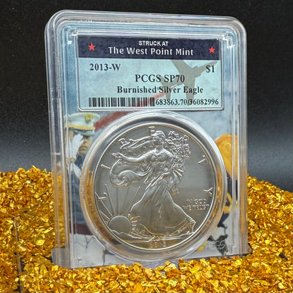 2013 Burnished $1 American Silver Eagle PCGS SP70 West Point Fighter Jet Label 1 of 22 Mint
