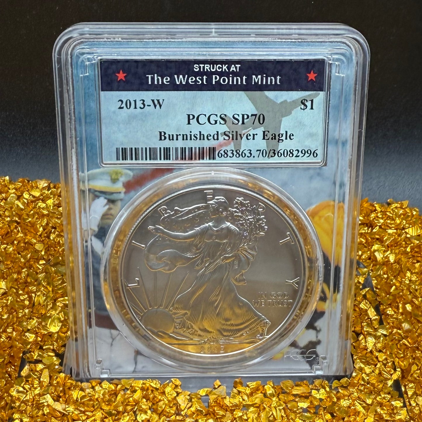 2013 Burnished $1 American Silver Eagle PCGS SP70 West Point Fighter Jet Label 1 of 22 Mint