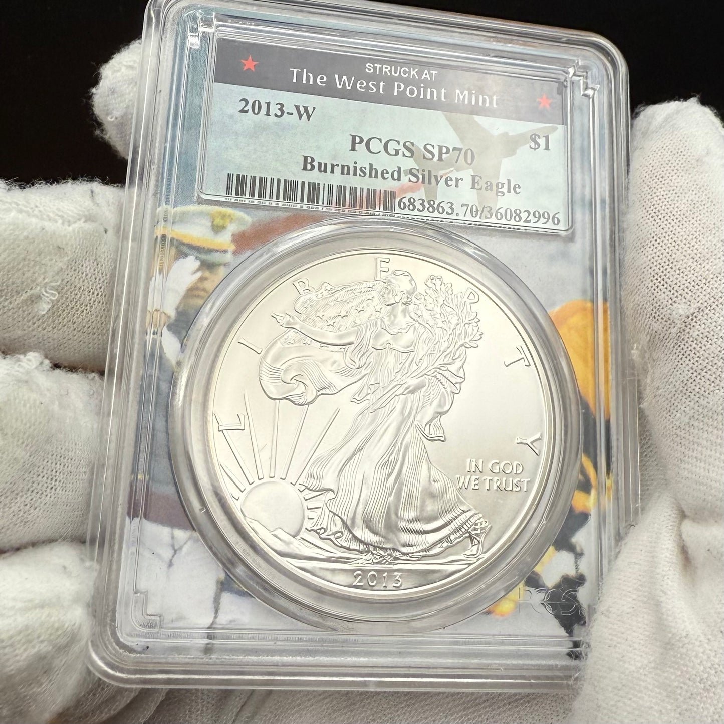 2013 Burnished $1 American Silver Eagle PCGS SP70 West Point Fighter Jet Label 1 of 22 Mint