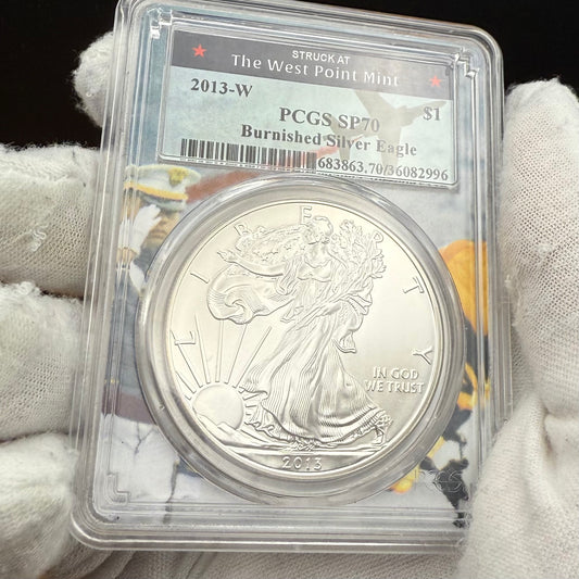 2013 Burnished $1 American Silver Eagle PCGS SP70 West Point Fighter Jet Label 1 of 22 Mint