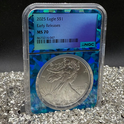 2025 $1 American Silver Eagle NGC MS70 Early Releases Blue Prism Holder Mint Condition
