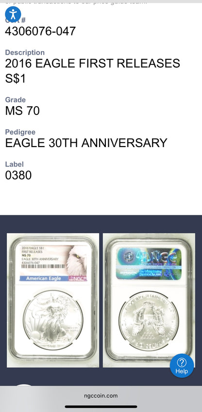 2016 $1 American Silver Eagle NGC MS70 First Releases Mint Condition