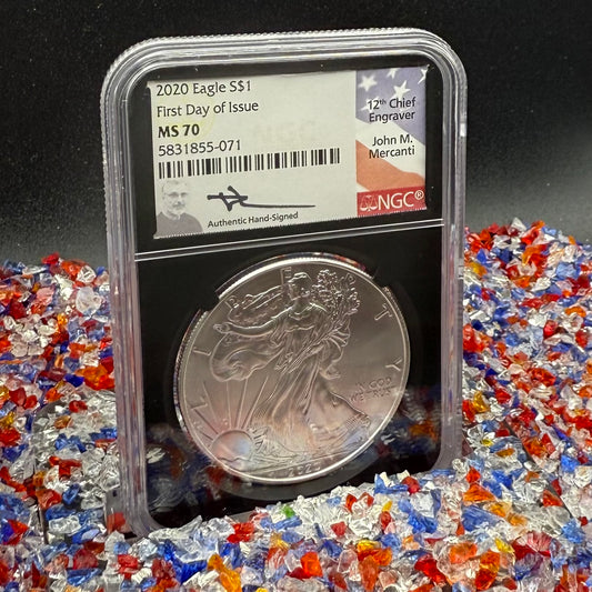2020 $1 American Silver Eagle NGC MS70 FDOI John Mercanti Signed Flag Label
