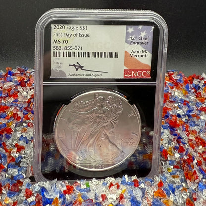 2020 $1 American Silver Eagle NGC MS70 FDOI John Mercanti Signed Flag Label