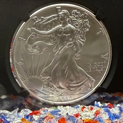 2020 $1 American Silver Eagle NGC MS70 FDOI John Mercanti Signed Flag Label