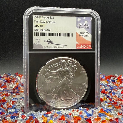 2020 $1 American Silver Eagle NGC MS70 FDOI John Mercanti Signed Flag Label