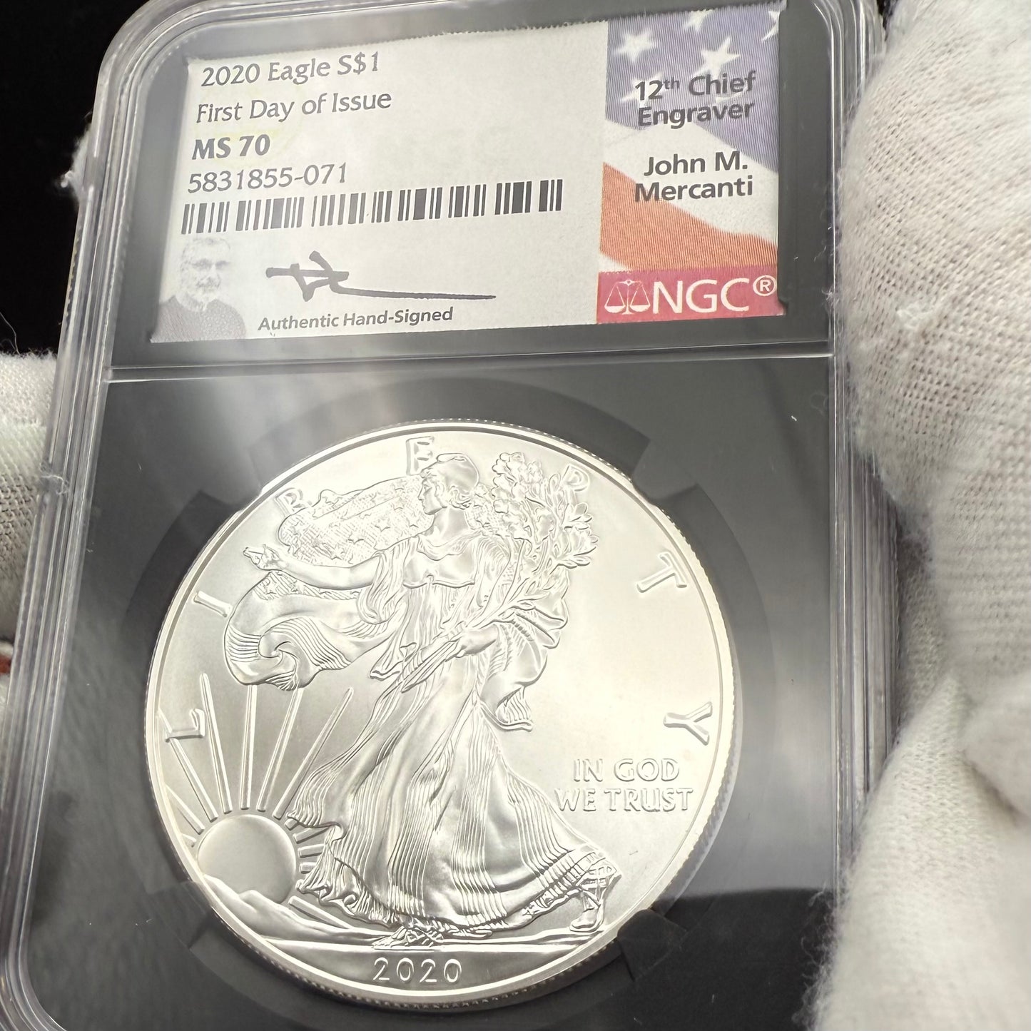 2020 $1 American Silver Eagle NGC MS70 FDOI John Mercanti Signed Flag Label