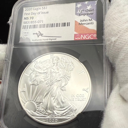 2020 $1 American Silver Eagle NGC MS70 FDOI John Mercanti Signed Flag Label