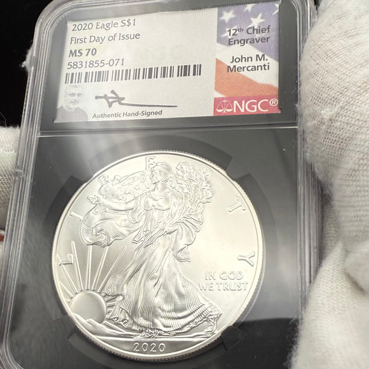 2020 $1 American Silver Eagle NGC MS70 FDOI John Mercanti Signed Flag Label