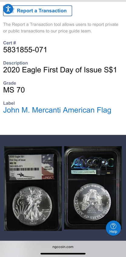 2020 $1 American Silver Eagle NGC MS70 FDOI John Mercanti Signed Flag Label