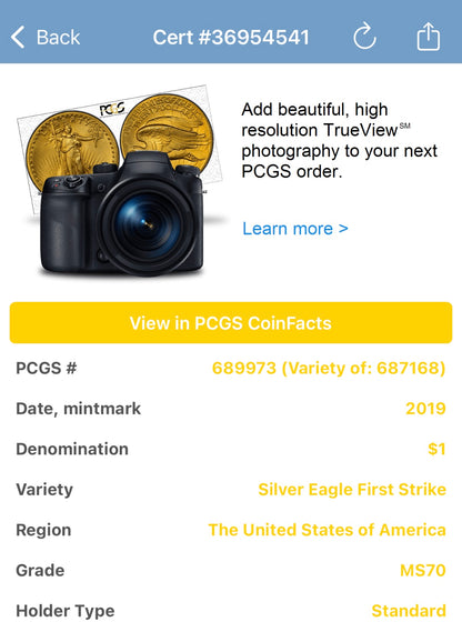 2019 $1 American Silver Eagle PCGS MS70 First Strike
