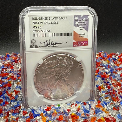 2008 Burnished $1 American Silver Eagle NGC MS70 Thomas Uram Signed Label 1 of 161 Mint