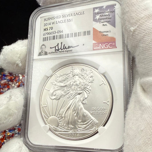 2008 Burnished $1 American Silver Eagle NGC MS70 Thomas Uram Signed Label 1 of 161 Mint