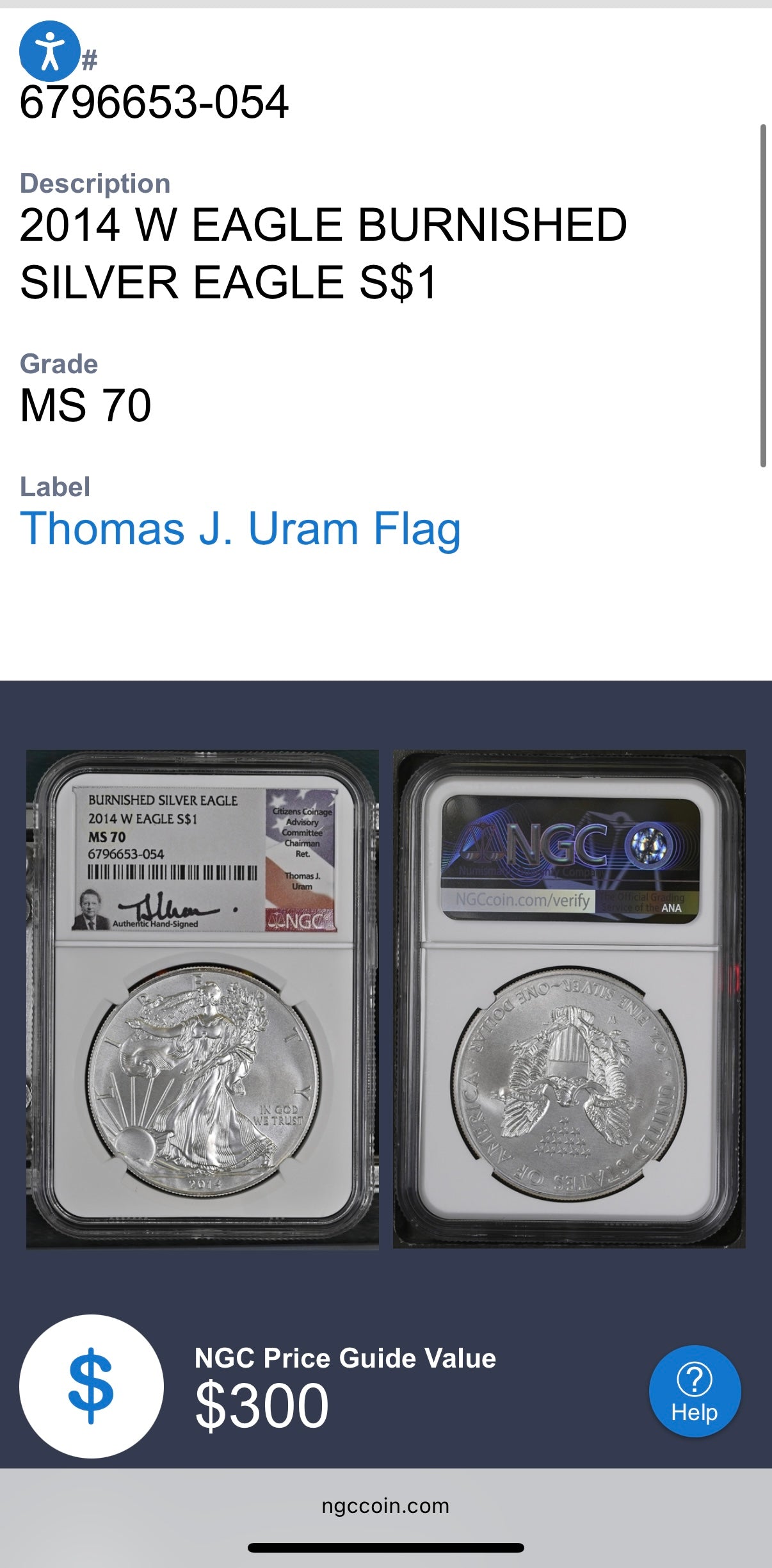 2008 Burnished $1 American Silver Eagle NGC MS70 Thomas Uram Signed Label 1 of 161 Mint