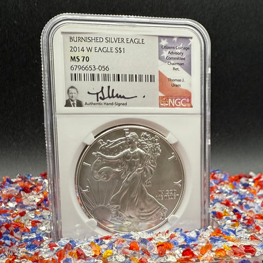 2008 Burnished $1 American Silver Eagle NGC MS70 Thomas Uram Signed Label 1 of 161 Mint
