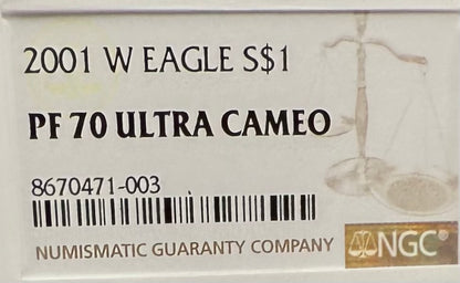 Proof 2001 (W) $1 American Silver Eagle NGC PF70UC Modern Brown Label (1 of 6,885)