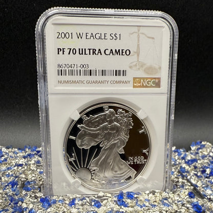 Proof 2001 (W) $1 American Silver Eagle NGC PF70UC Modern Brown Label (1 of 6,885)